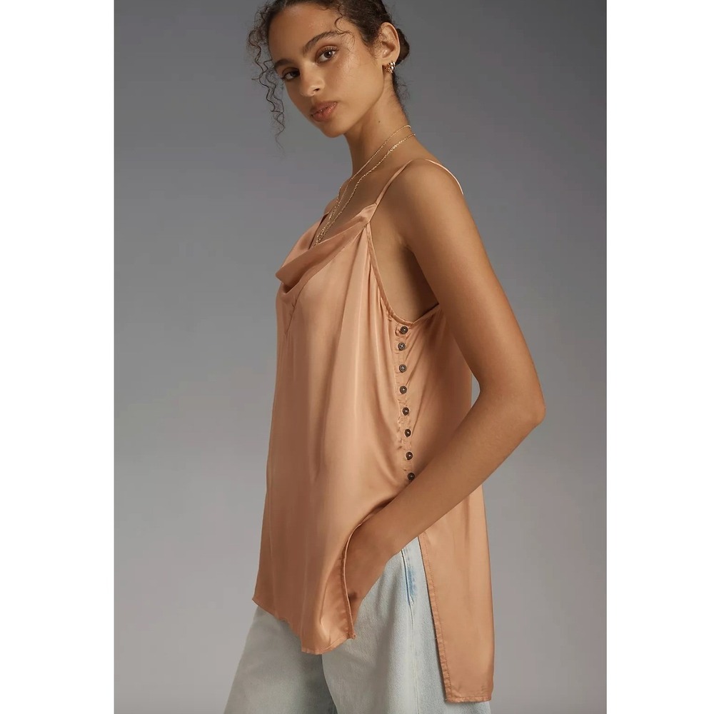 Anthropologie Cowl Neck Satin Camisole Button Medium Bronze Tank Boho Romantic